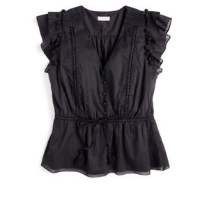 Jcrew Point Sur flutter-sleeve pom-pom top in cotton voile, size small, black